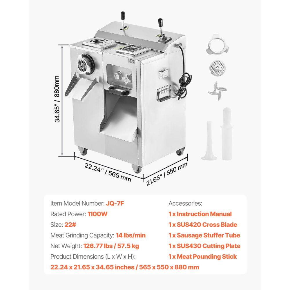 VEVOR kommerzieller elektrischer Fleischwolf (6,35 kg/min), Aufschnittmaschine Wurstfüller 1100 W mit Klinge & Mahlplatte (3 mm), Edelstahl-Fleischwolfgehäuse zum Schneiden, Zerkleinern und Würfeln