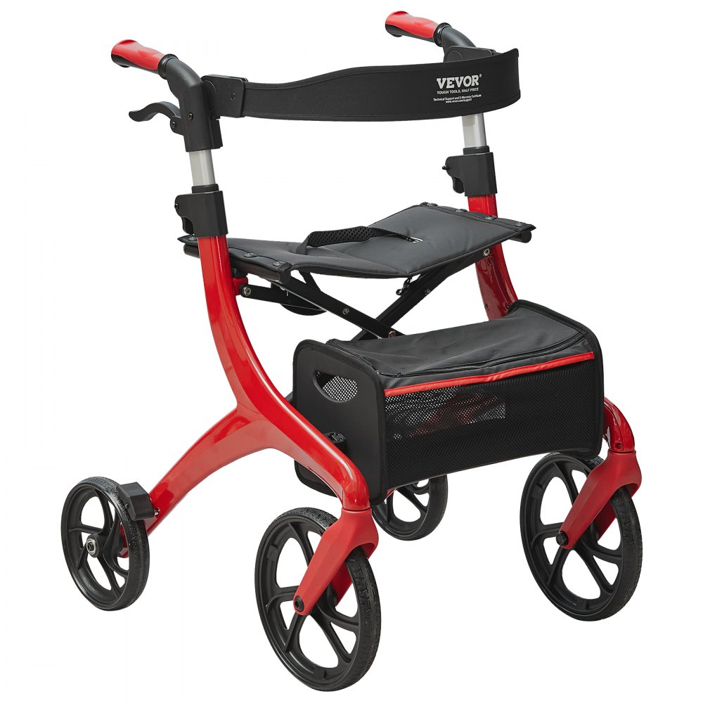 Roter VEVOR-Rollator mit schwarzem Sitz, Aufbewahrungstasche und vier Rädern zur Mobilitätsunterstützung.