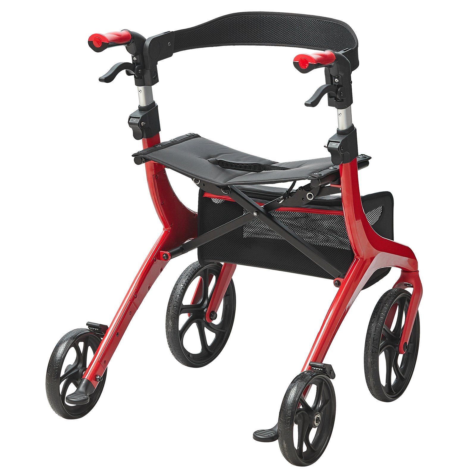 VEVOR Faltbarer Rollator für Senioren 830-900 mm Gehhilfe aus Aluminium mit Sitz und verstellbarem Griff 4-Rad-Leichtgewichtsrollator für den Außenbereich mit Aufbewahrungstasche Tragkraft 136 kg Rot