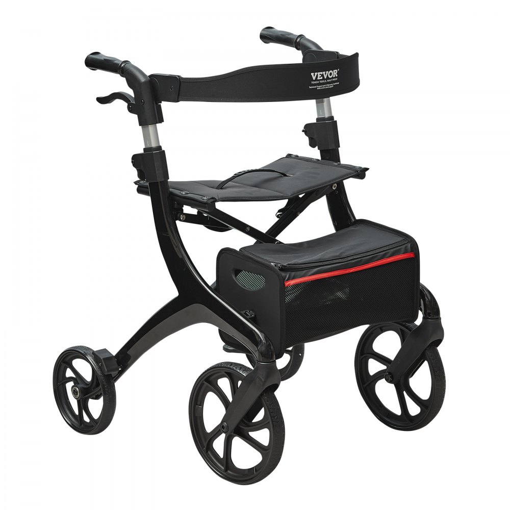 VEVOR, zusammenklappbarer Rollator mit schwarzem Rahmen, gepolstertem Sitz, Aufbewahrungstasche und ergonomischen Griffen.