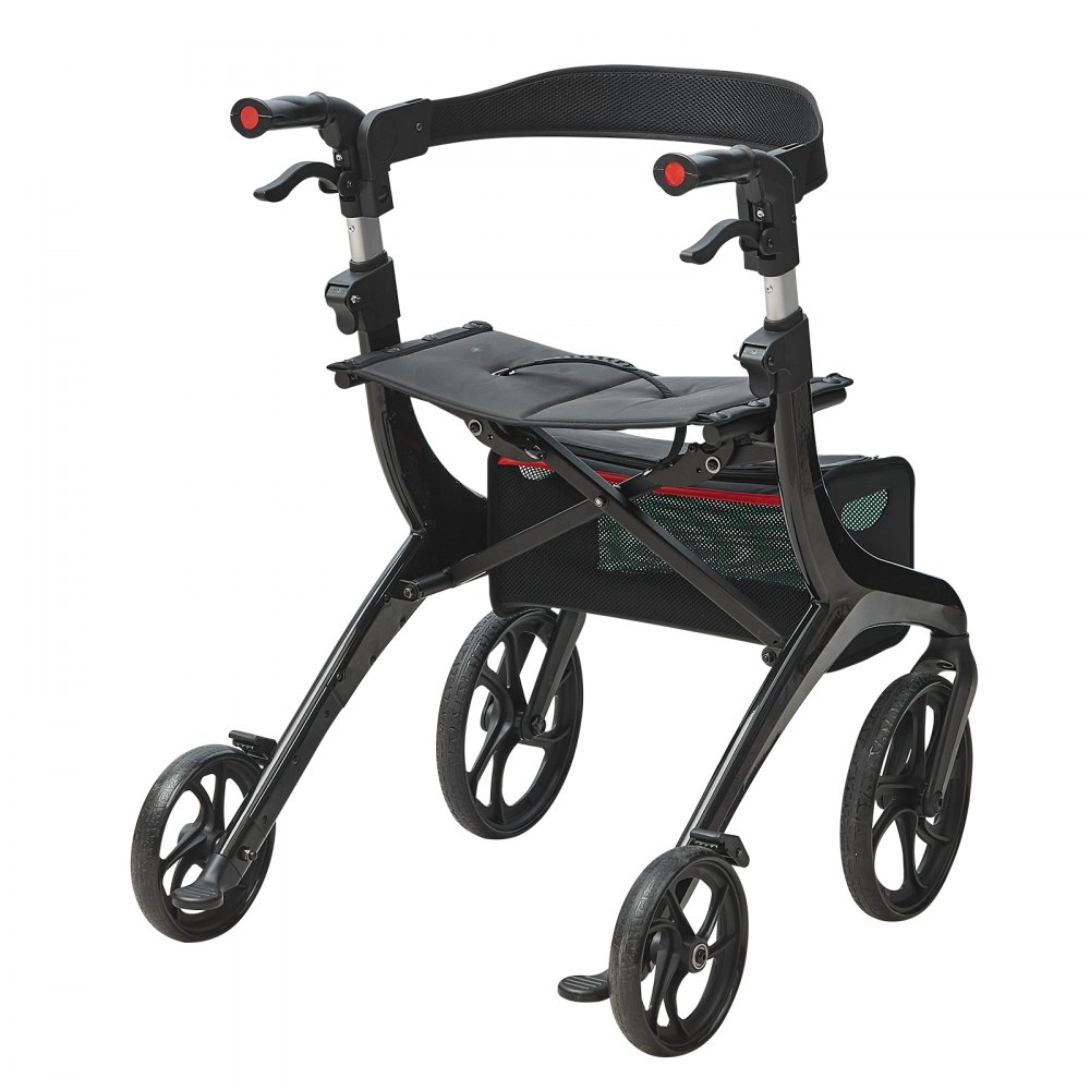 VEVOR Faltbarer Rollator für Senioren Leichtgewichtsrollator aus Aluminium mit Sitz und verstellbarem Griff 4-Rad-Mobilitätsgeher für den Außenbereich mit Aufbewahrungstasche Tragkraft 136 kg Schwarz