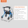 VEVOR-Rollator in Blau mit aufgeführten Abmessungen, Gewichtskapazität und Produktspezifikationen.