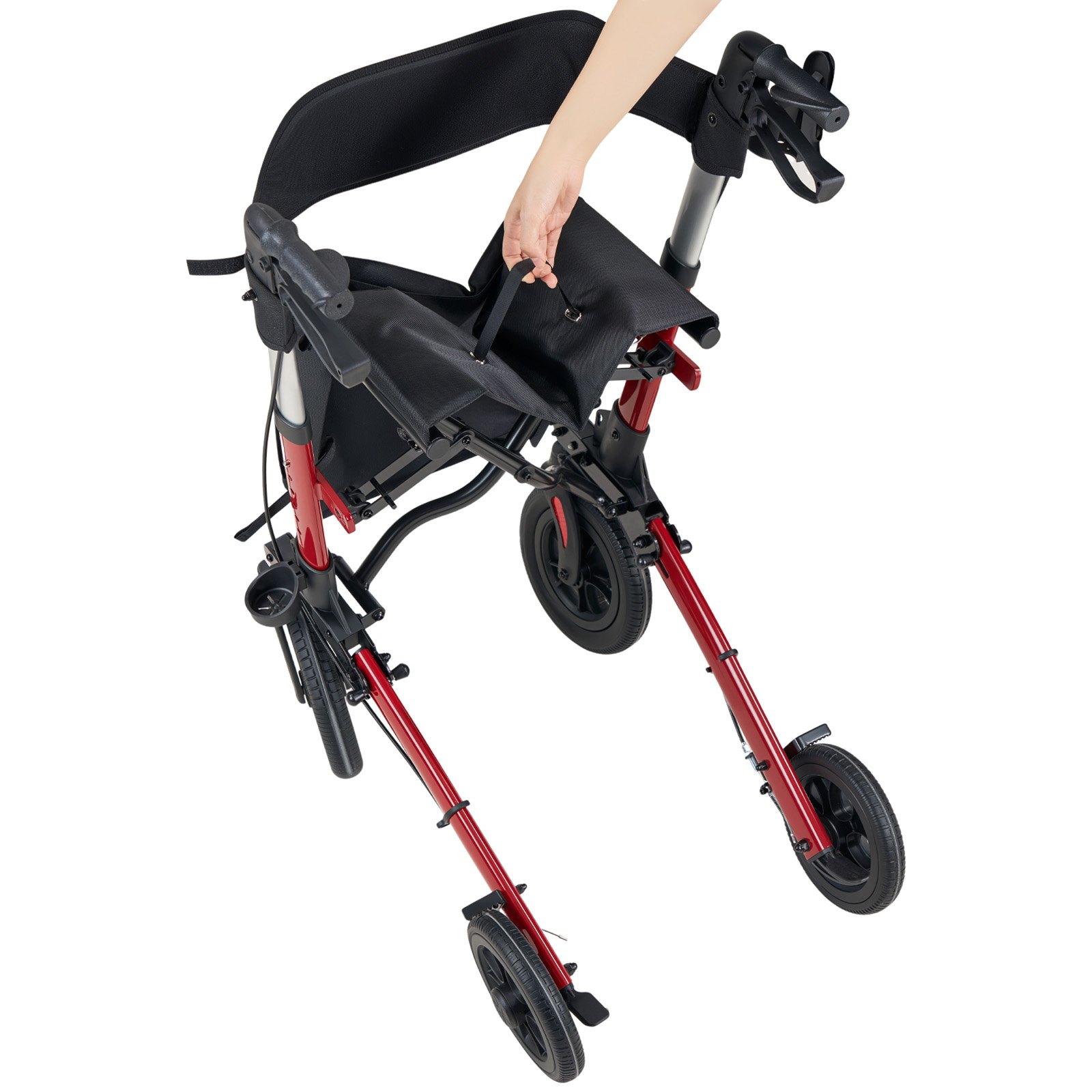 VEVOR Rollator 3-Fach Faltbar mit Sitz, Leichter Gehwagen mit 4 Reifen, Gehhilfe bis 136 kg mit Rückenlehne Tasche Gehstockhalter, Höheverstellbare Laufhilfe mit Feststellfunktion für Senioren, Rot