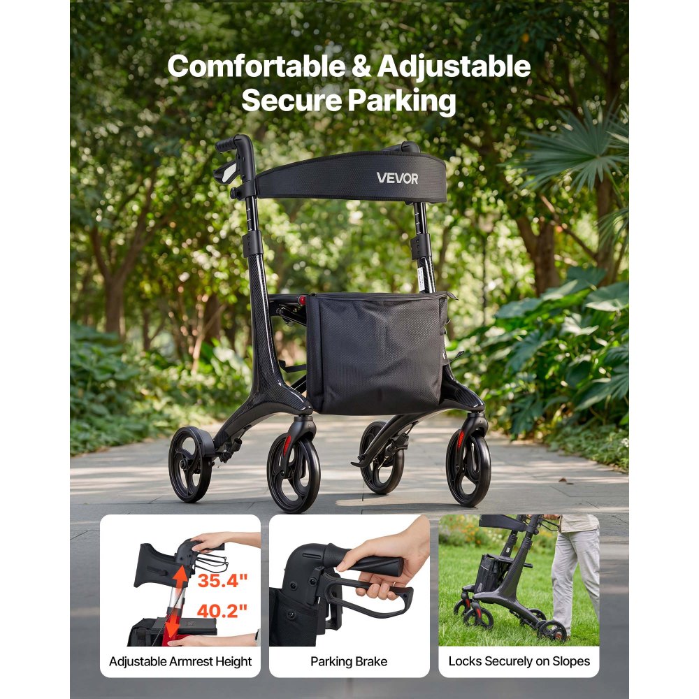 VEVOR Rollator Walker with Seat for Seniors, Foldable Lightweight Rolling Walker, Carbon Fiber Mobility Walking Aid with 8" Solid PVC Wheels and Adjustable Handle - Supports up to 136kg