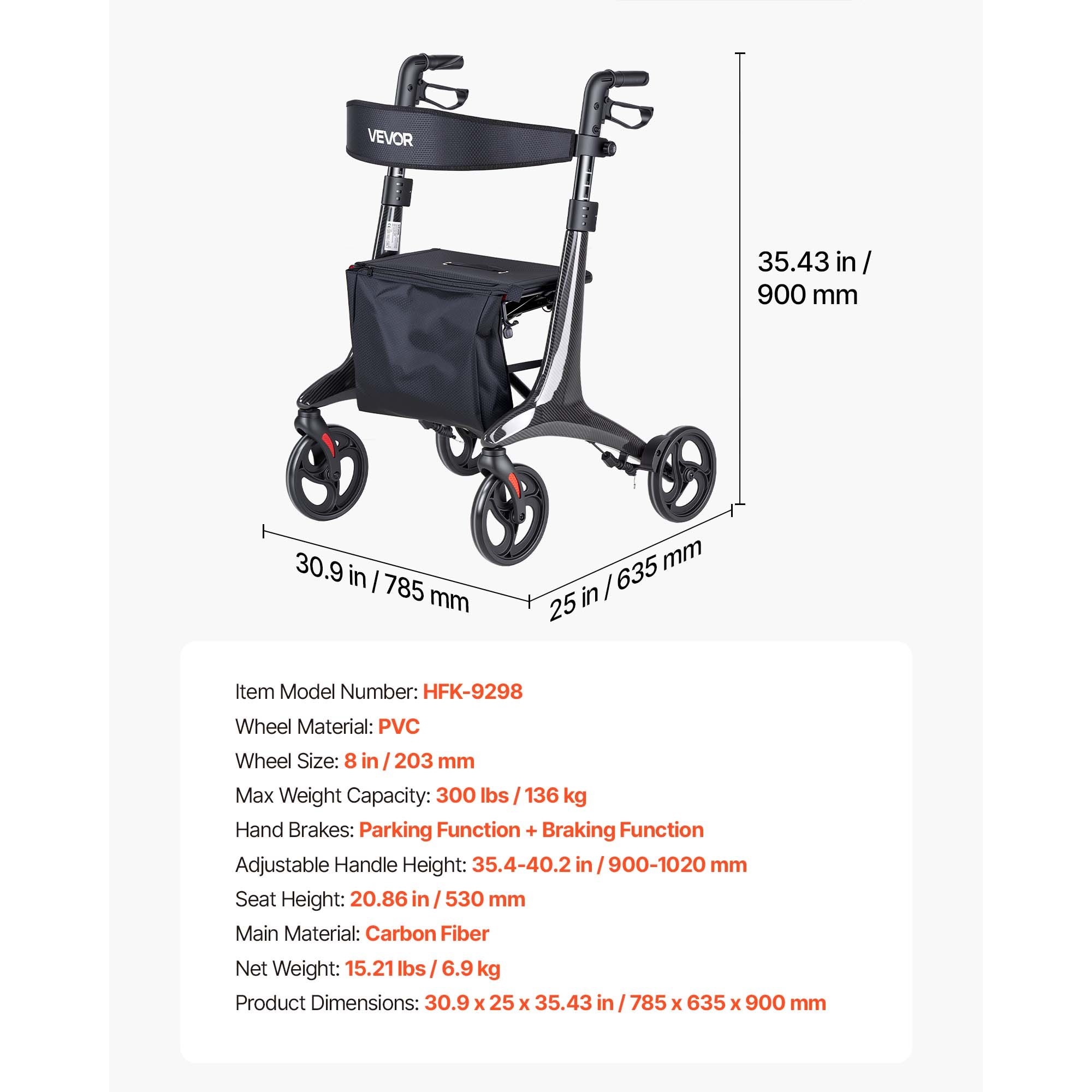 VEVOR Rollator Walker with Seat for Seniors, Foldable Lightweight Rolling Walker, Carbon Fiber Mobility Walking Aid with 8" Solid PVC Wheels and Adjustable Handle - Supports up to 136kg