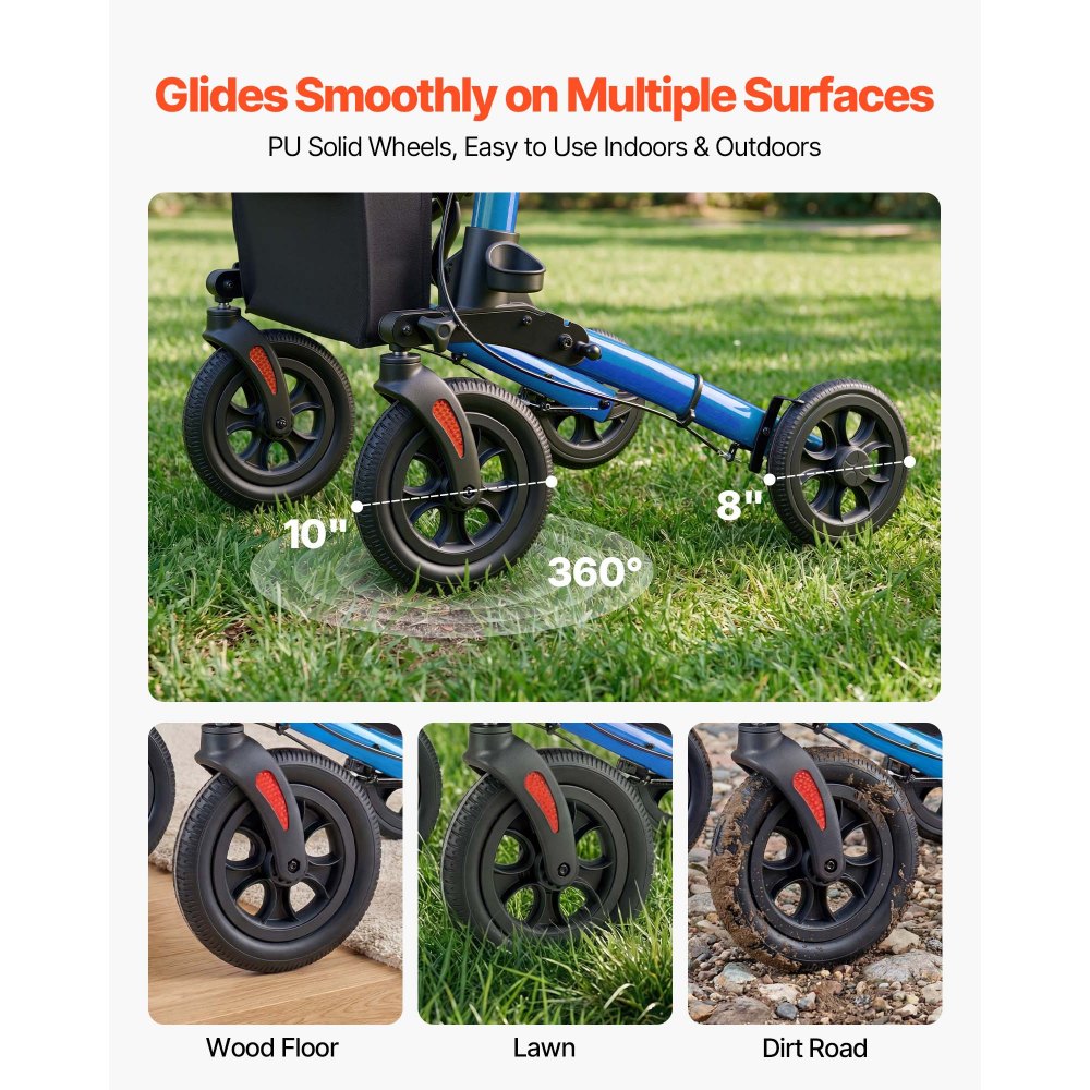 VEVOR Rollator Walker with Seat for Seniors, Ultra Compact 3-Fold Rolling Walker, Lightweight Aluminum Mobility Walking Aid with PU Solid Wheels, Adjustable Handle, Cup & Cane Holder - Supports 136kg