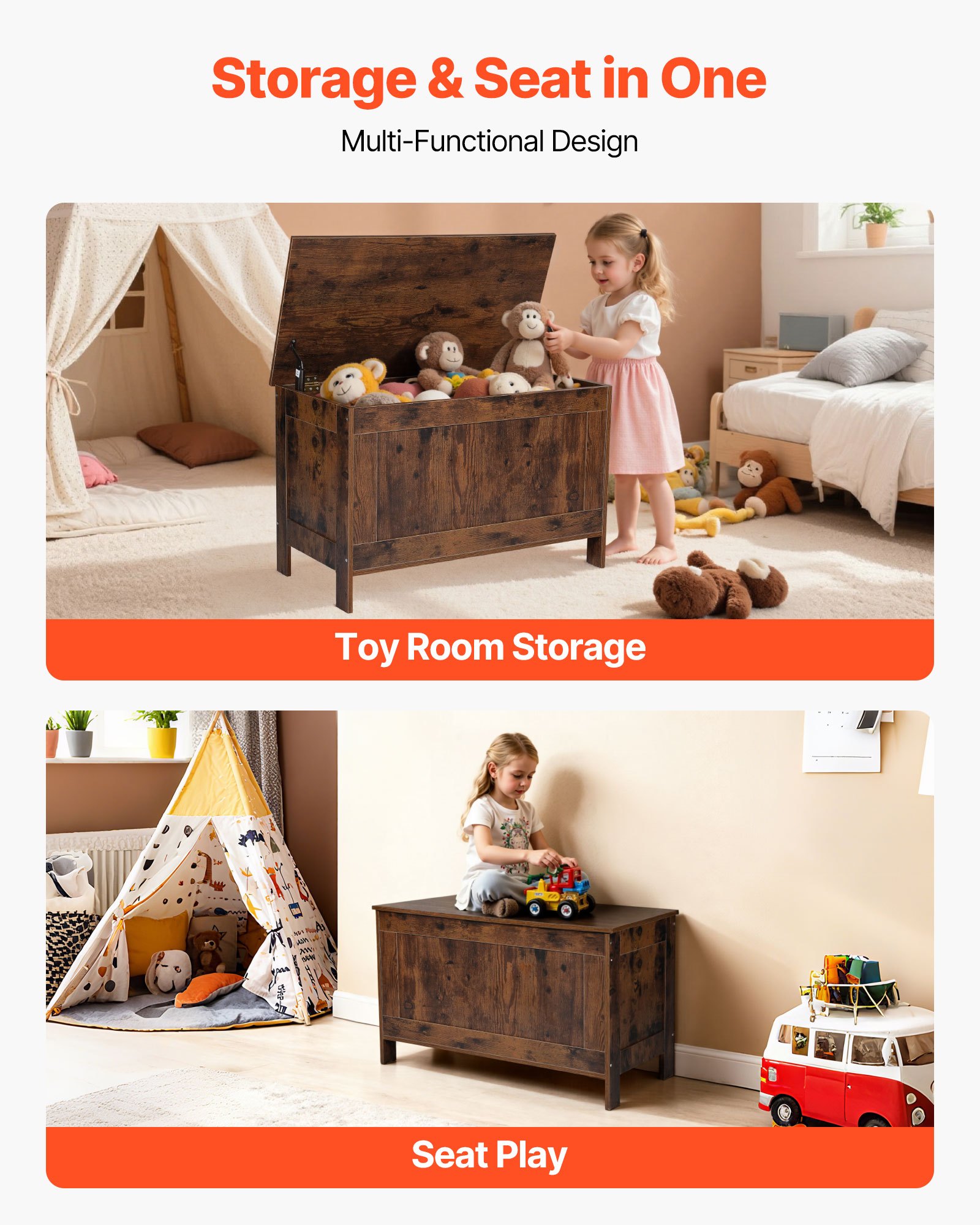 VEVOR Kindersitzbank mit Stauraum Holzspielzeugkiste, Aufbewahrungsbank mit Sicherheitsscharnier, Aufbewahrungstruhe für Spielzimmer Wohnzimmer Eingangsbereich Spielzeugbank 754 x 389 x 480 mm braun