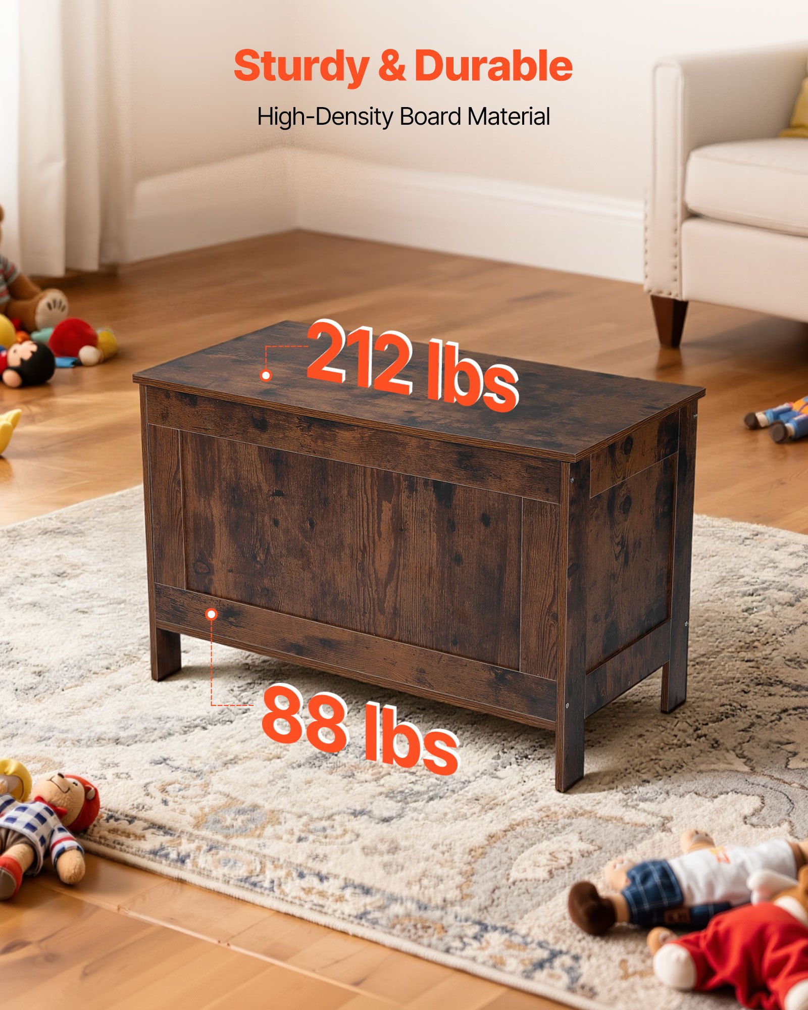 VEVOR Kindersitzbank mit Stauraum Holzspielzeugkiste, Aufbewahrungsbank mit Sicherheitsscharnier, Aufbewahrungstruhe für Spielzimmer Wohnzimmer Eingangsbereich Spielzeugbank 754 x 389 x 480 mm braun