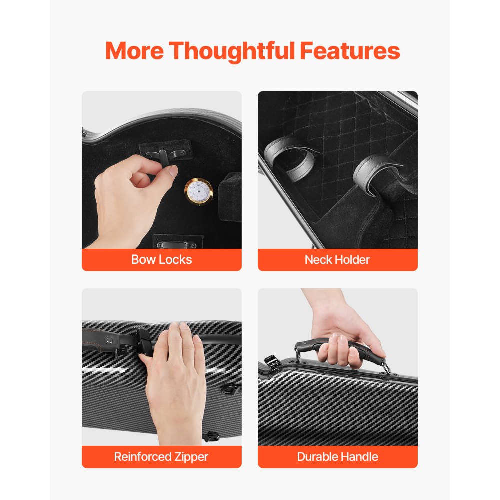 VEVOR 4/4 Violinenkoffer in voller Größe, eingebautes Hygrometer, Geigenkoffer, Geigenkasten mit weichem Futter, zwei Schultergurten, kratzfest, dreieckige Form, für Violine, schwarz