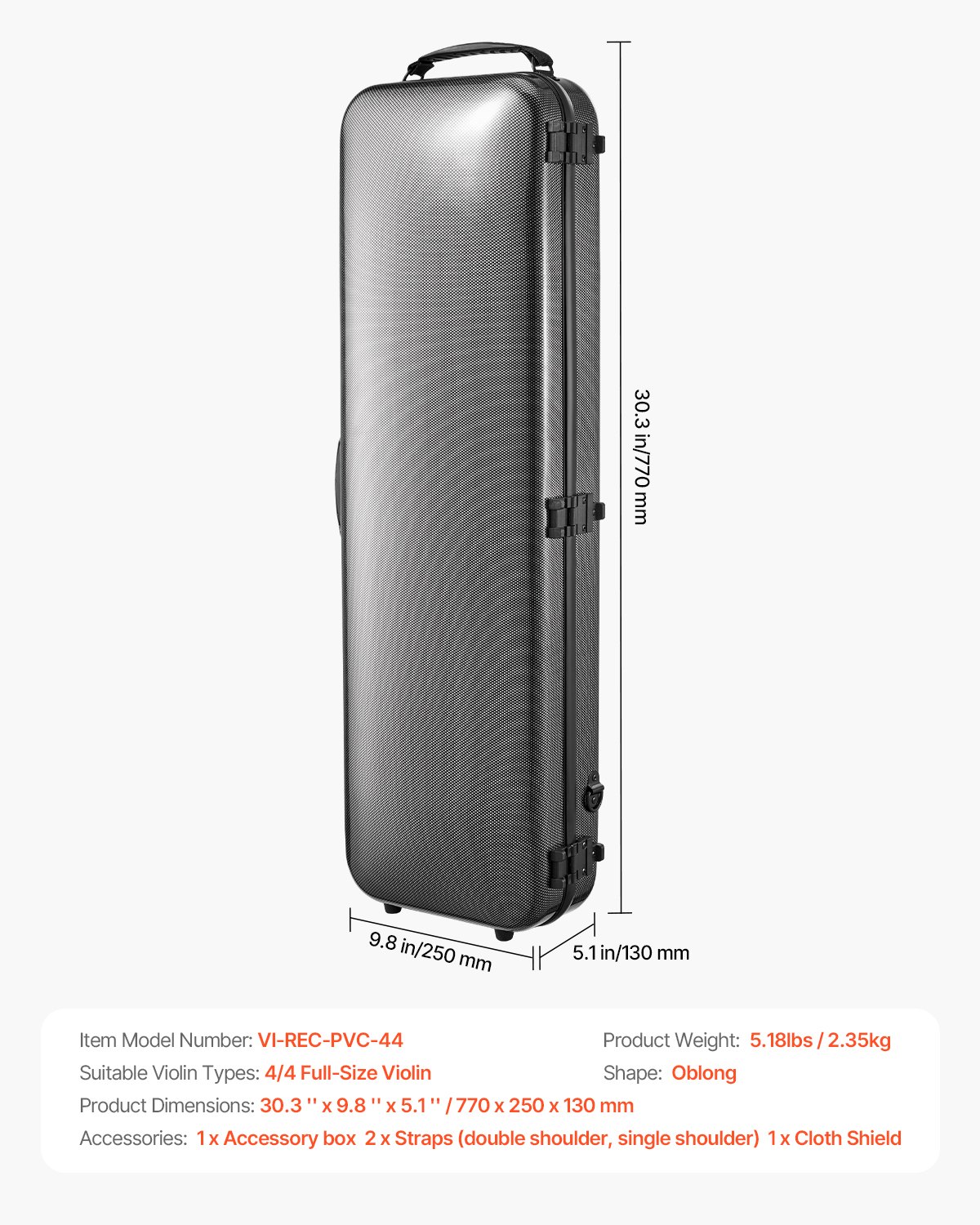 VEVOR 4/4 Violinenkoffer in voller Größe, eingebautes Hygrometer, Geigenkoffer; Reisetragetasche, mit Plüschfutter, Schultergurten, kratzfest, professionelle längliche Form, für Violine, schwarz