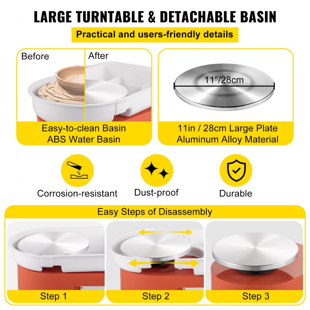 VEVOR 350 W 220 V Keramik Rad Maschine Töpferscheibe, Elektrische Drehscheibe 60 dB, Töpferscheibe Maschine, Max. 300 U/min, Plattenteller 28 cm, Aluminiumlegierung, DIY Töpferei, Orange, 13,3 kg