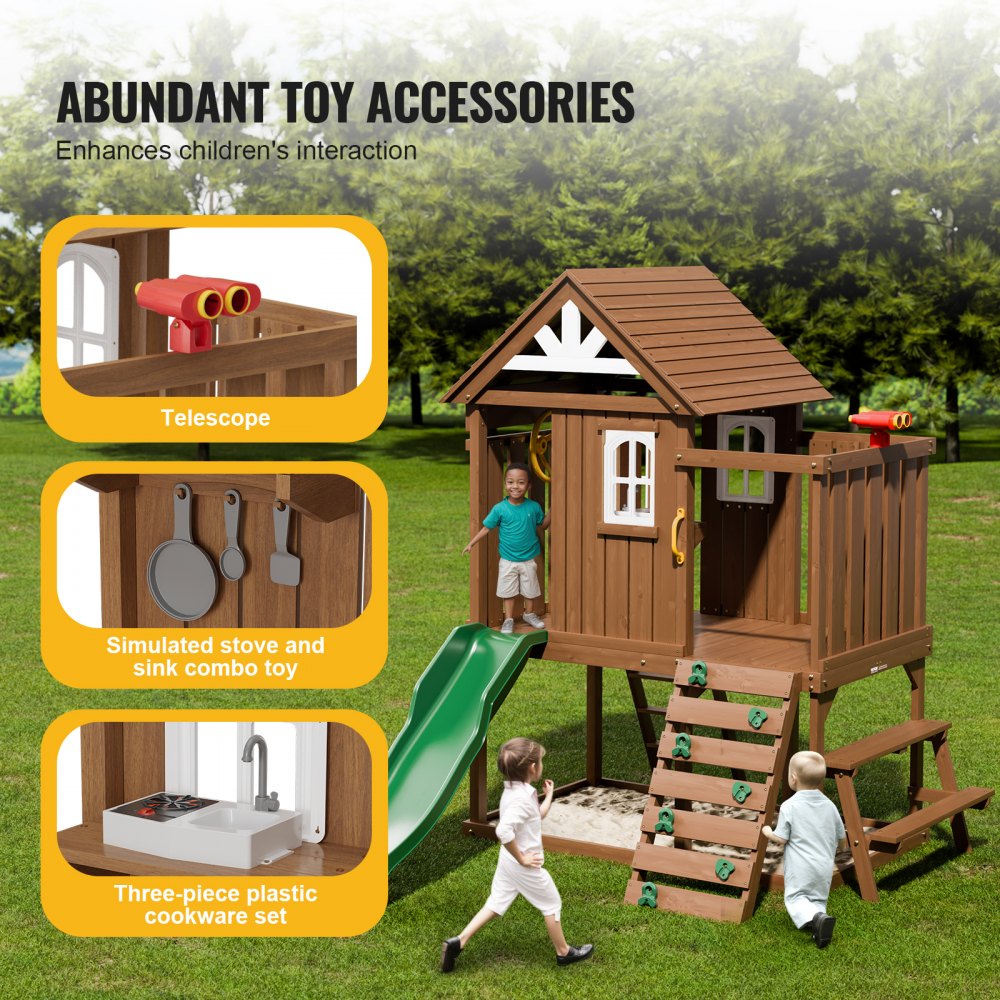 VEVOR Wooden Playhouse, Children's Playhouse, Garden House for Children from 2 Years Old, Garden Play Hut, Cedar Wood Playhouse in Country Style with Slide, Ladder, Climbing Wall, Windows, Outdoor Picnic Table