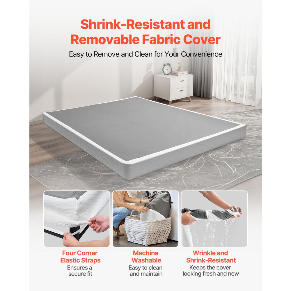 VEVOR Boxspringfedern Queensize-Bettrahmen mit waschbarem Stoffbezug, Metallrahmen für Queensize-Betten, max. Gewichtskapazität von 1587 kg 2010 x 1925 x 230 mm (ohne Matratze)