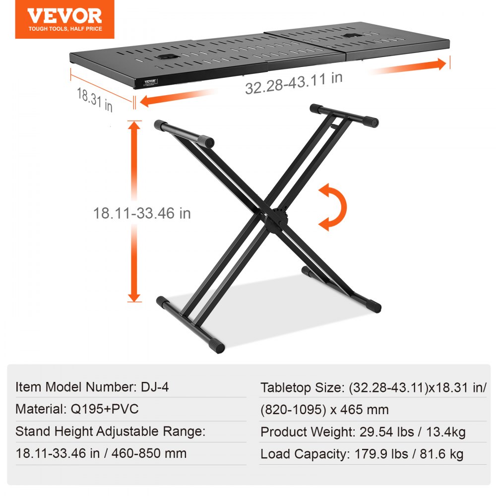 VEVOR DJ-Tischständer, (32"-43") x 18" tragbarer DJ-Laptop- und Controller-Ständer, leichter DJ-Schreibtisch, DJ-Pult, höhenverstellbarer DJ-Ständer, faltbarer Double-X-Keyboardständer und Tischplatte, Audio-Mixer-Ständer