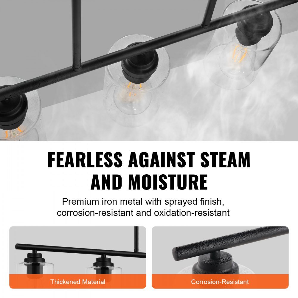 VEVOR 5-flammige Pendelleuchte für Kücheninseln, 60 W, verstellbare Esszimmerleuchte mit klarem Glaslampenschirm, 4 Stangen, 2 Metallketten, linearer Kronleuchter im Landhausstil