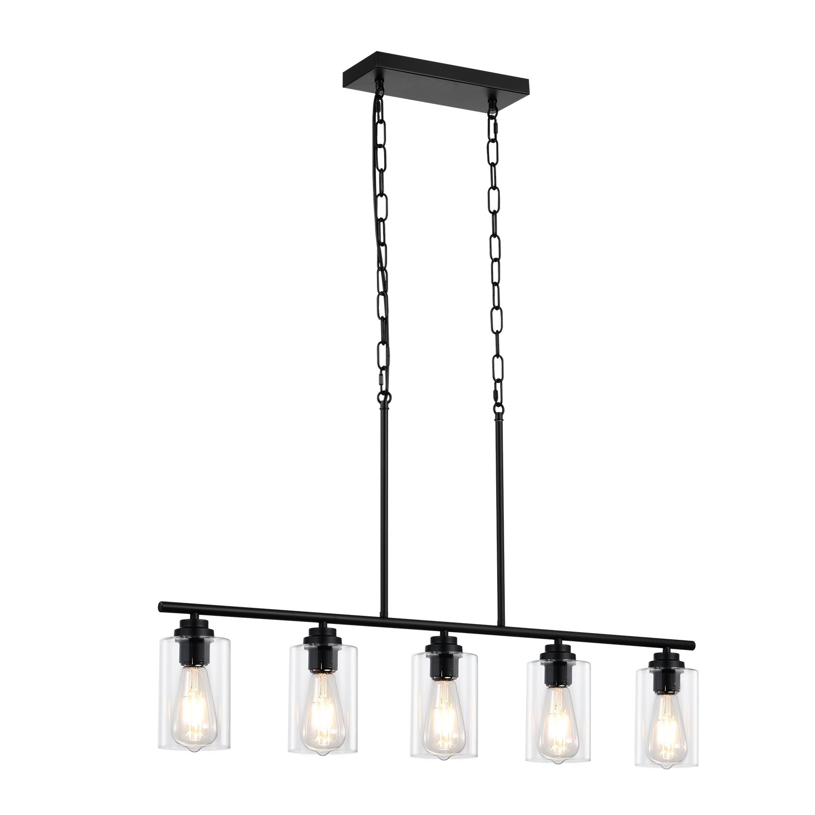 VEVOR 5-flammige Pendelleuchte für Kücheninseln, 60 W, verstellbare Esszimmerleuchte mit klarem Glaslampenschirm, 4 Stangen, 2 Metallketten, linearer Kronleuchter im Landhausstil