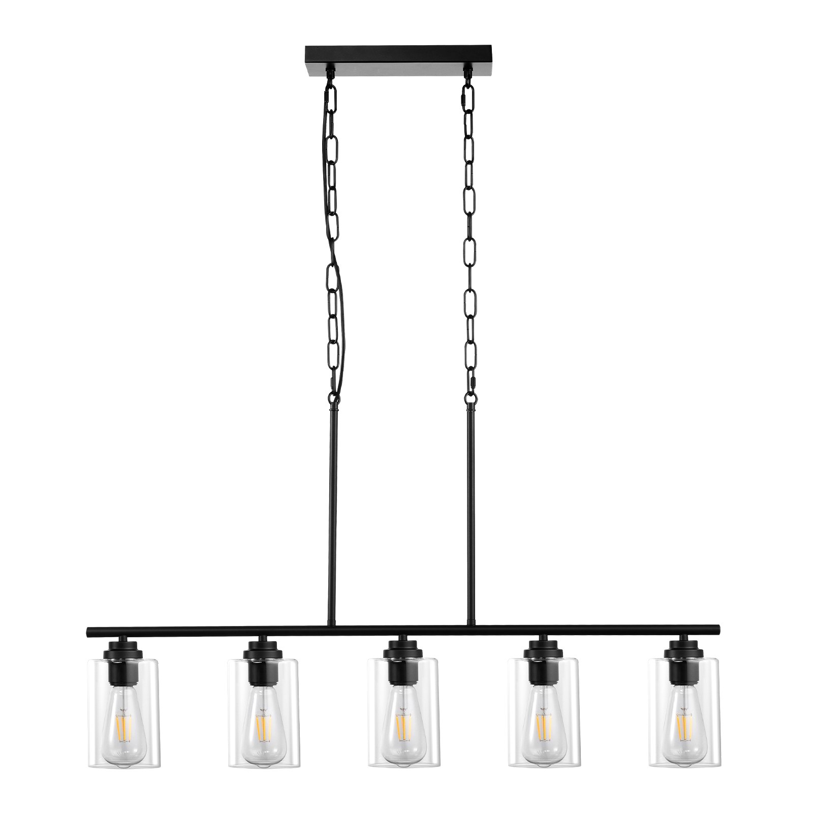 VEVOR 5-flammige Pendelleuchte für Kücheninseln, 60 W, verstellbare Esszimmerleuchte mit klarem Glaslampenschirm, 4 Stangen, 2 Metallketten, linearer Kronleuchter im Landhausstil