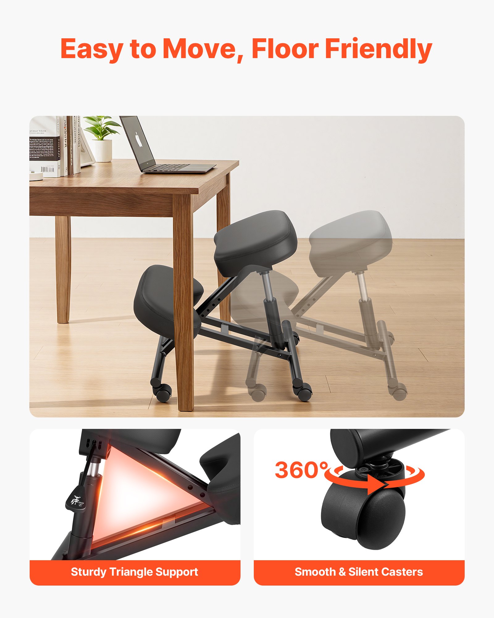 VEVOR Ergonomischer Kniehocker mit Rollen, Mobiler Höhenverstellbarer Kniestuhl in X-Form mit Dicken Schaumstoffpolstern, zur Entlastung von Nacken & Rücken, für Zuhause, Büro & Meditation, Schwarz