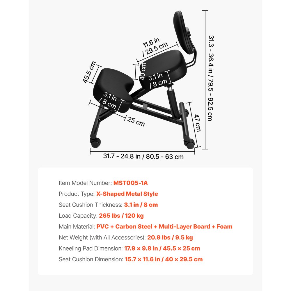 VEVOR Ergonomischer Kniestuhl mit Rollen & Rückenlehne, Höhenverstellbarer Kniehocker in X-Form mit Dicken Schaumstoffpolstern, zur Entlastung von Nacken & Rücken, für Zuhause, Büro & Meditation