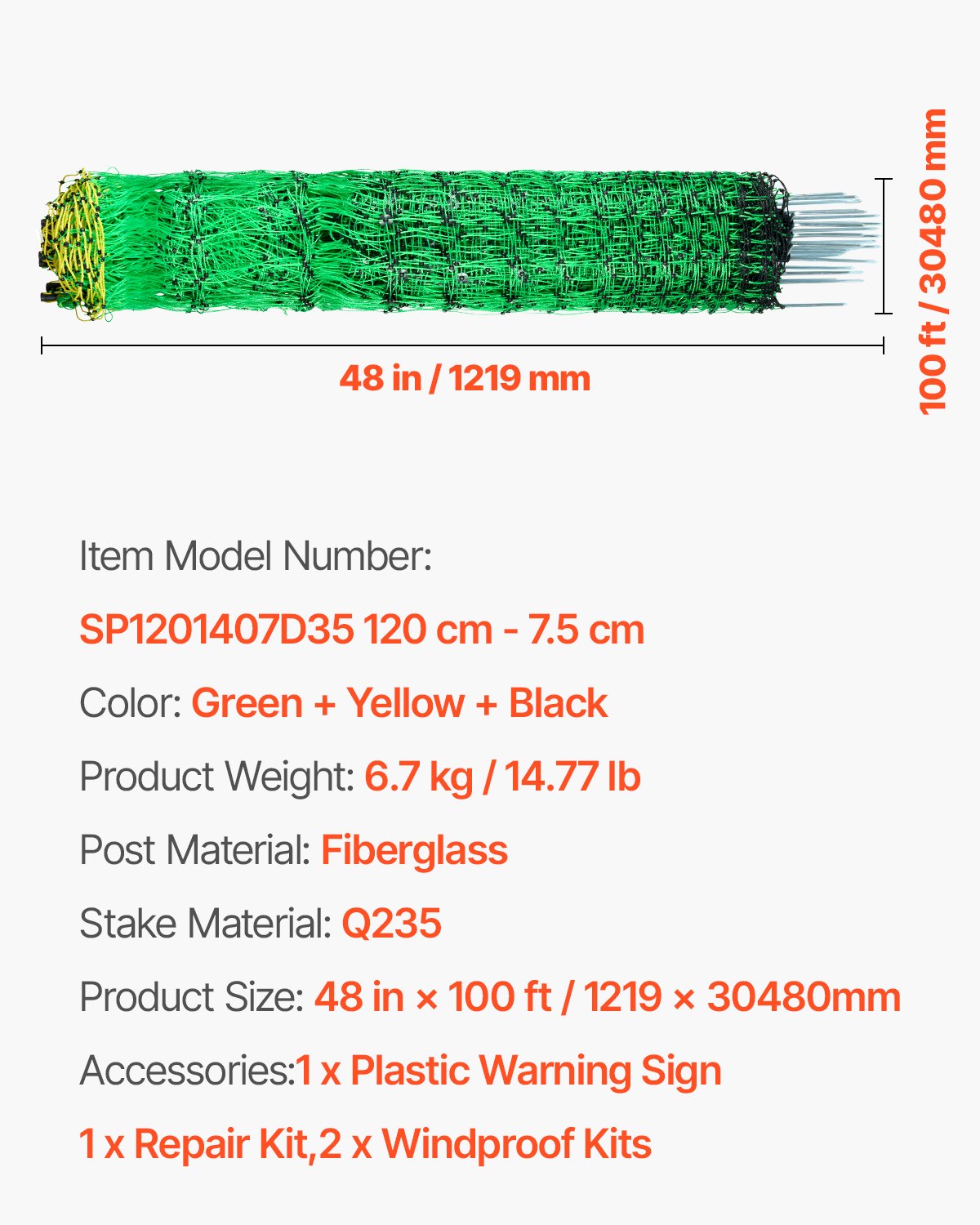 VEVOR Elektrozaunnetz, 1,21 x 30,48 m, PE-Netzzaun-Set mit Pfosten und Doppelspitzen, praktisches tragbares Netz für Hühner, Enten, Gänse, Kaninchen, für den Einsatz in Hinterhöfen, auf Bauernhöfen
