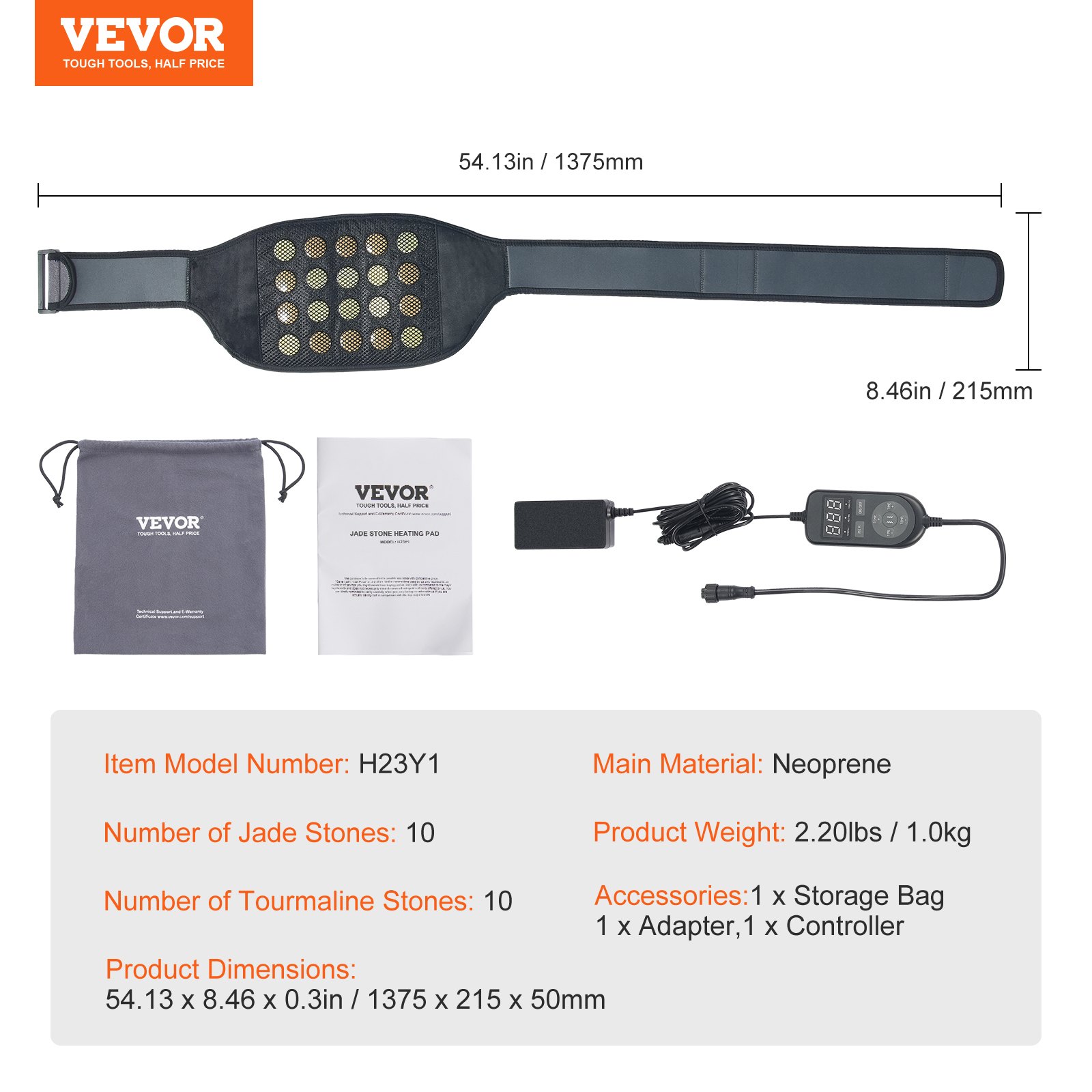 VEVOR Ferninfrarot-Heizkissen, 10 natürliche Jade- und 10 Turmalin-Stein-Heizkissen zur Schmerzlinderung, 103-159 ℉ Infrarot-Heizgürtel mit 3-stufiger Vibrationsmassage für Taille, Lendenwirbelsäule und Bauch, ideales Geschenk