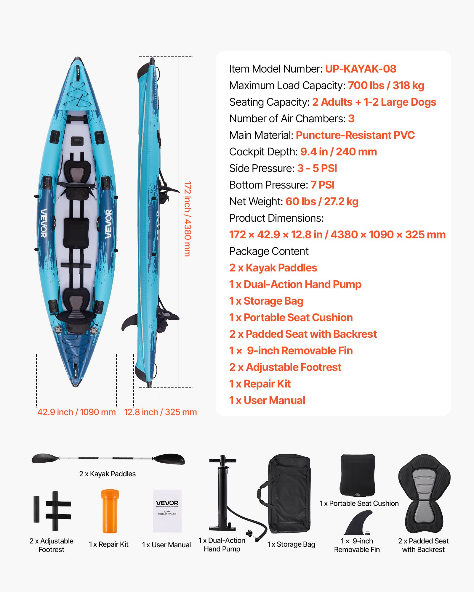 VEVOR Aufblasbares Kajak, 2-Personen-Freizeitkajak, 318 kg Tragkraft, auslauf- & pannensicher, mit gepolstertem Sitz, PVC-Drop-Stitch-Boden, 2 Paddeln, Handpumpe & Tragetasche zum Angeln & Camping