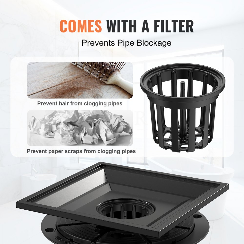 VEVOR Duschrinne 140 x 140 x 15 mm Bodenablauf 48 L/min Ablaufrinne Edelstahl 304 Abfluss Duschablauf rechteckiger Duschbodenablauf schlanker linearer Abfluss mit Haarsieb, mattschwarz