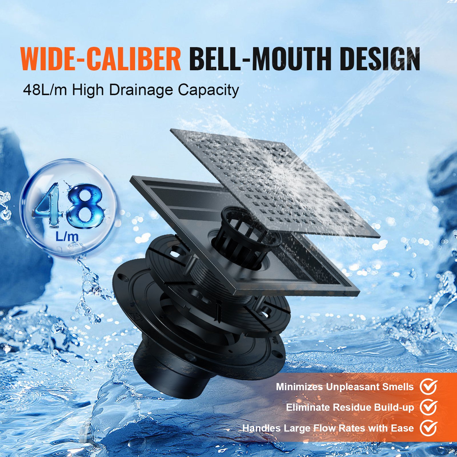 VEVOR Duschrinne 140 x 140 x 15 mm Bodenablauf 48 L/min Ablaufrinne Edelstahl 304 Abfluss Duschablauf rechteckiger Duschbodenablauf schlanker linearer Abfluss mit Haarsieb, mattschwarz