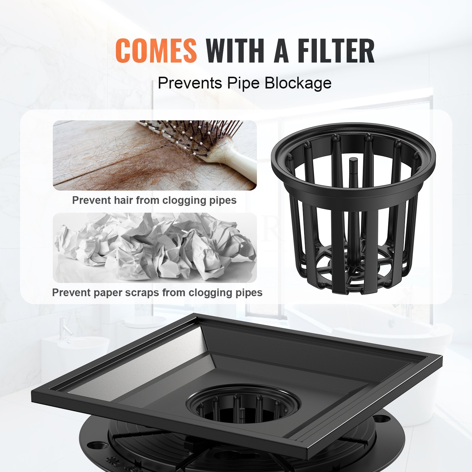 VEVOR Duschrinne 140 x 140 x 15 mm Bodenablauf 48 L/min Ablaufrinne Edelstahl 304 Abfluss Duschablauf rechteckiger Duschbodenablauf schlanker linearer Abfluss mit Haarsieb, mattschwarz