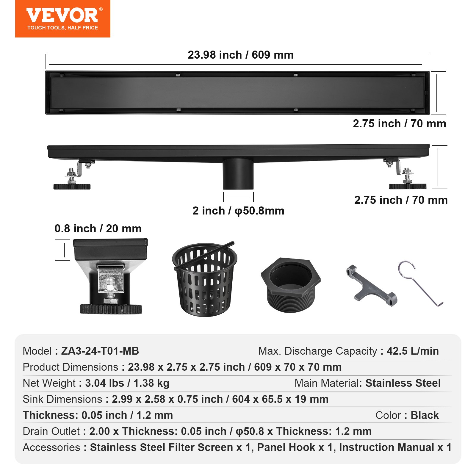 VEVOR Shower Channel 609 x 70 x 70 mm Floor Drain 42.5 L/min Drain Channel Stainless Steel 304 Offset Shower Drain with Tile Insert Rectangular Shower Floor Drain Elegant Drain with Hair Catcher Black