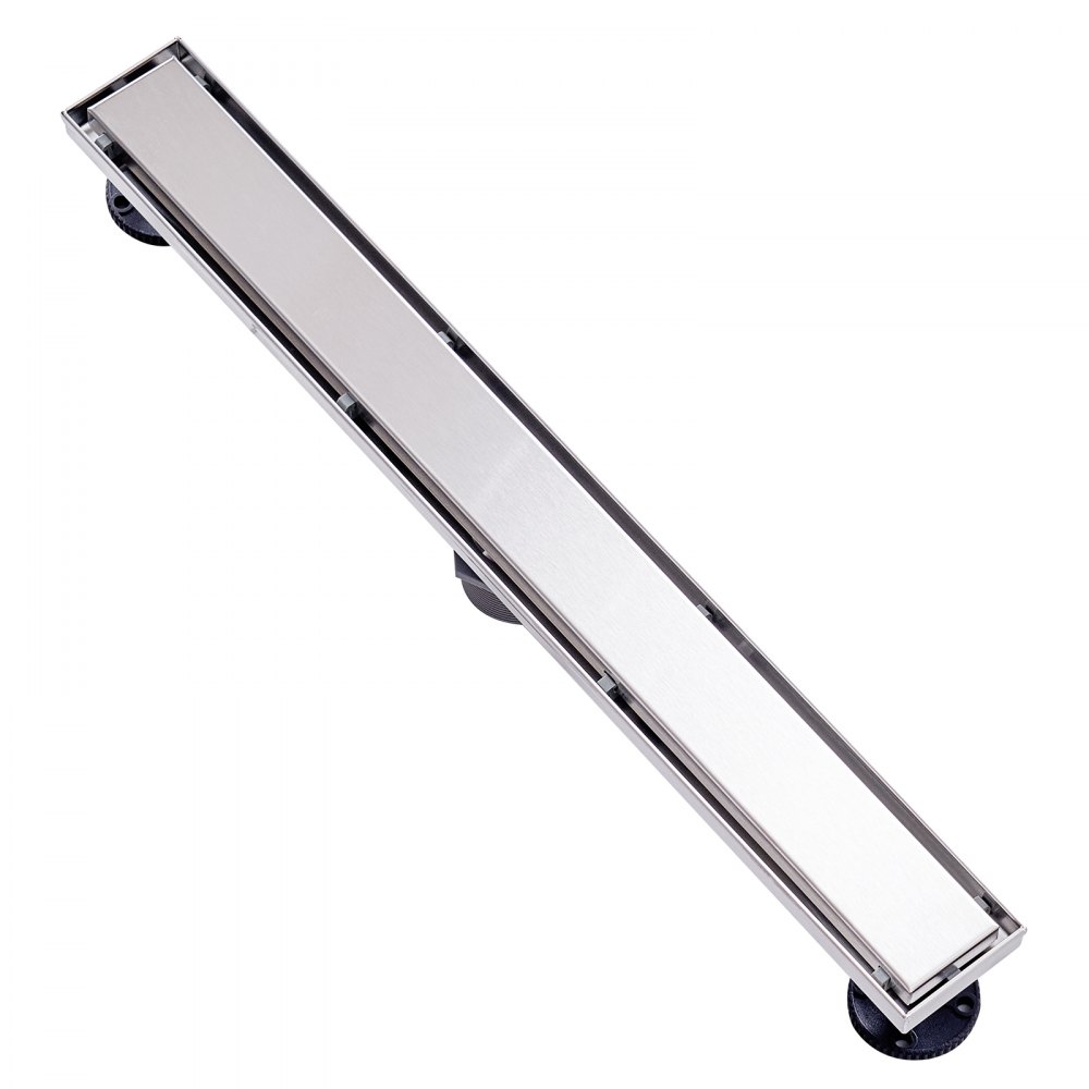 VEVOR 609 x 70 x 70 mm linearer Duschablauf, versetzt mit Flieseneinsatz, gebürsteter 304-Edelstahl, rechteckiger Duschbodenablauf, linearer Ablauf mit Nivellierfüßen, Haarsieb, silberfarben