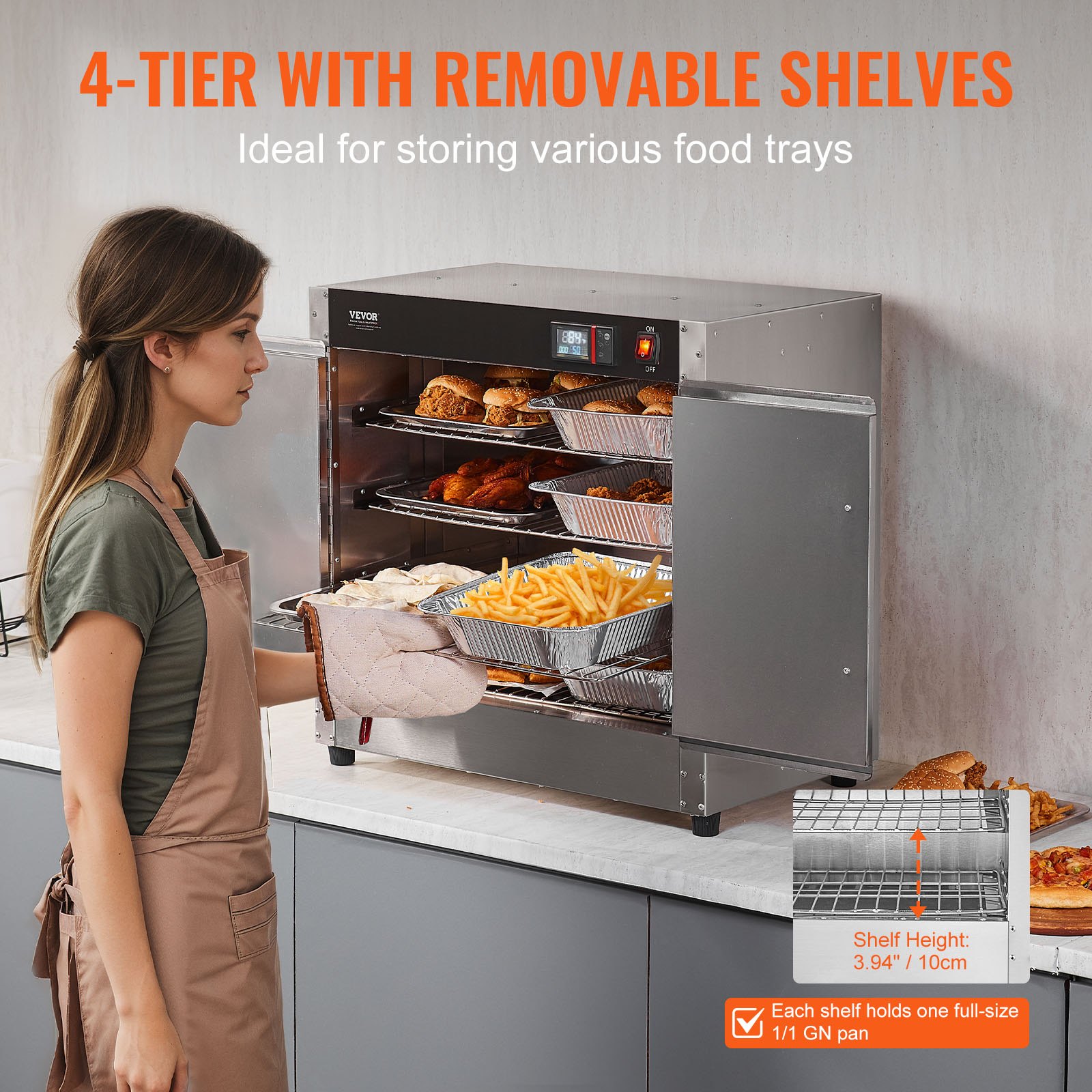 VEVOR Food Warmer, 4-Tier Snack Warmer with Water Tray, 4 Pans, Double Door, and Adjustable Shelves, Stainless Steel Food Warming Cabinet, Ideal for Storing Pizza and Chicken