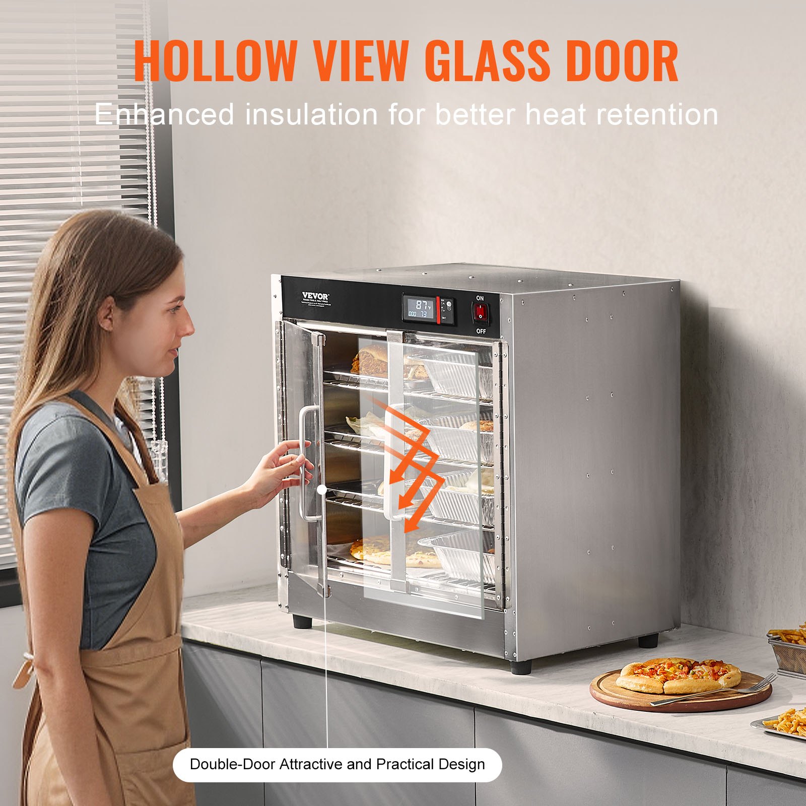 VEVOR Hot Box Speisenwärmer 4-stufiger Imbisswärmer mit Wasserschale & 4 Pfannen & Glas-Doppeltür & verstellbaren Ablagen, Speisenwärmerschrank Edelstahl, ideal zur Aufbewahrung von Pizza