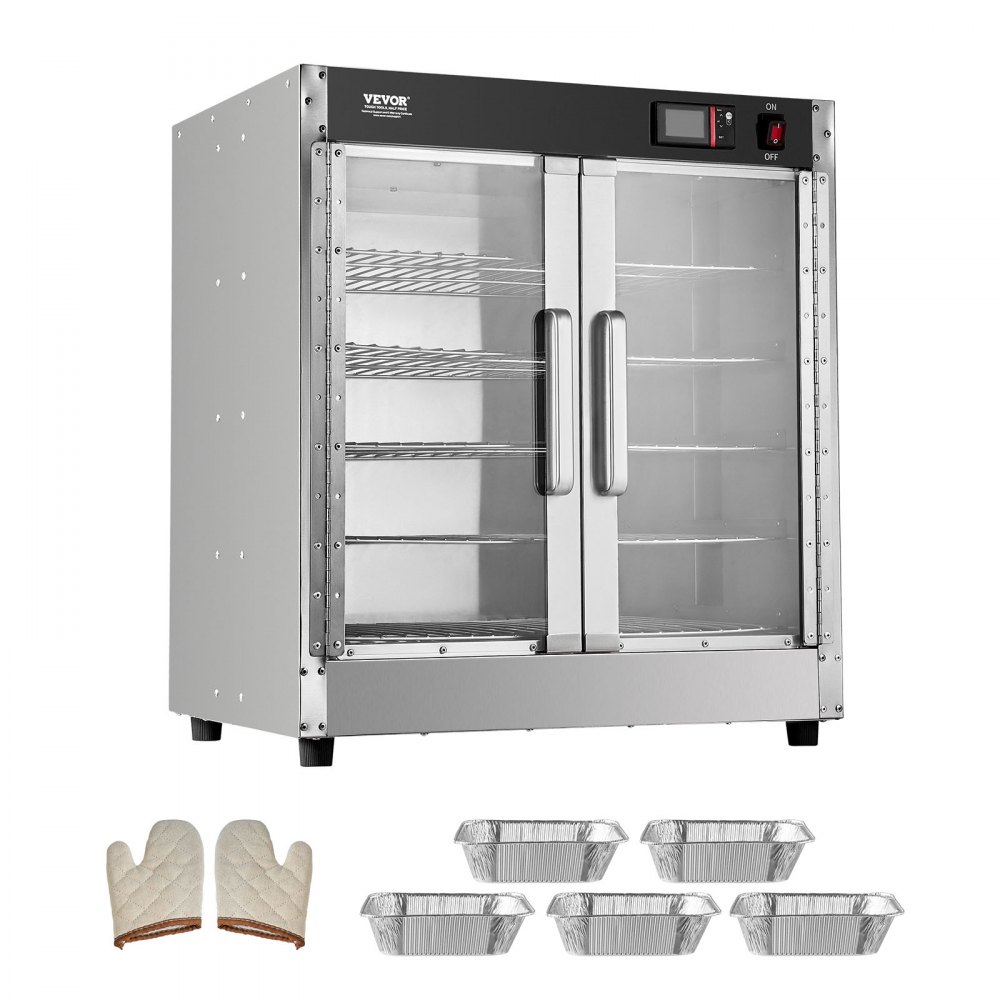 VEVOR Hot Box Speisenwärmer 5-stufiger Imbisswärmer mit Wasserschale & 5 Pfannen & Glas-Doppeltür und verstellbaren Ablagen, Speisenwärmerschrank aus Edelstahl, ideal zur Aufbewahrung von Pizza Hühnchen Restaurant
