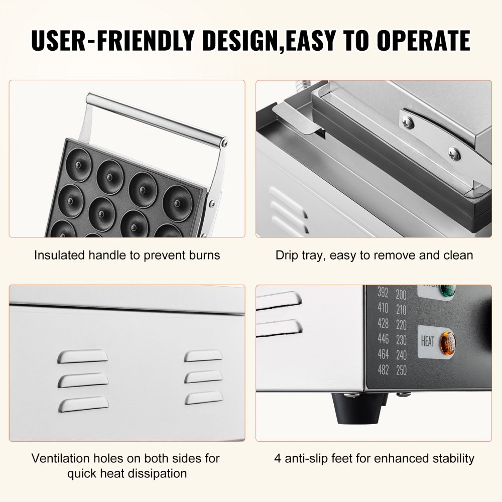 VEVOR Elektrischer Donutmaker, 1550 W Kommerzielle Donutmaschine mit Antihaftbeschichtung, 12-Loch-Waffelmaschine mit Doppelseitiger Heizung für 12 Donuts, für Restaurants und den Heimgebrauch