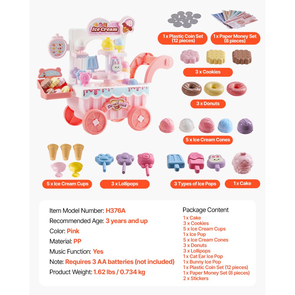 VEVOR Eiswagen, 27-teiliges Zubehör, Eisdiele aus PP, Aufbewahrungswagen mit Spielgeld, Ton- und Lichteffekten, Montessori-Lernspielzeug, Rollenspiel für Kleinkinder ab 3 Jahren (Pink)