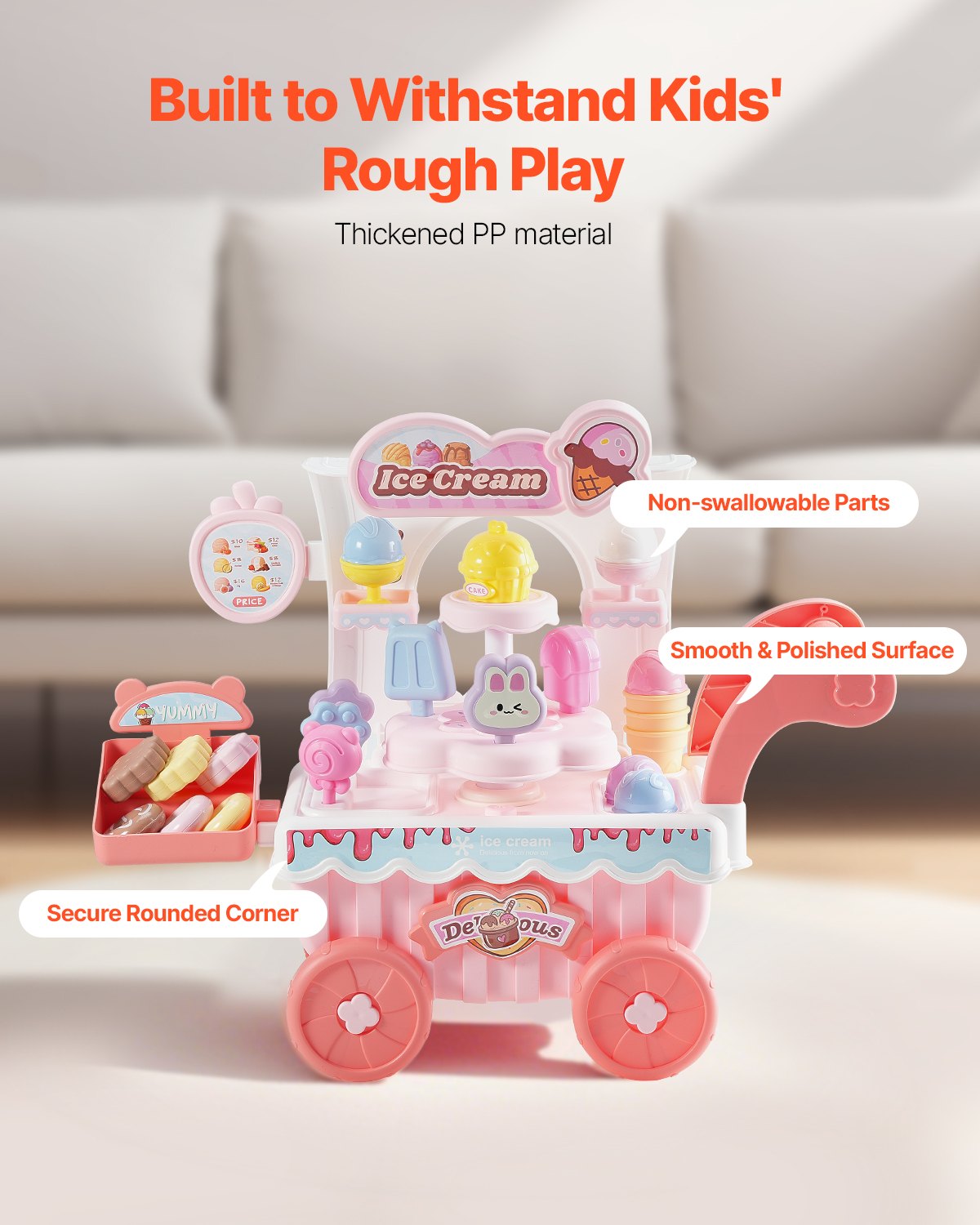 VEVOR Eiswagen, 27-teiliges Zubehör, Eisdiele aus PP, Aufbewahrungswagen mit Spielgeld, Ton- und Lichteffekten, Montessori-Lernspielzeug, Rollenspiel für Kleinkinder ab 3 Jahren (Pink)