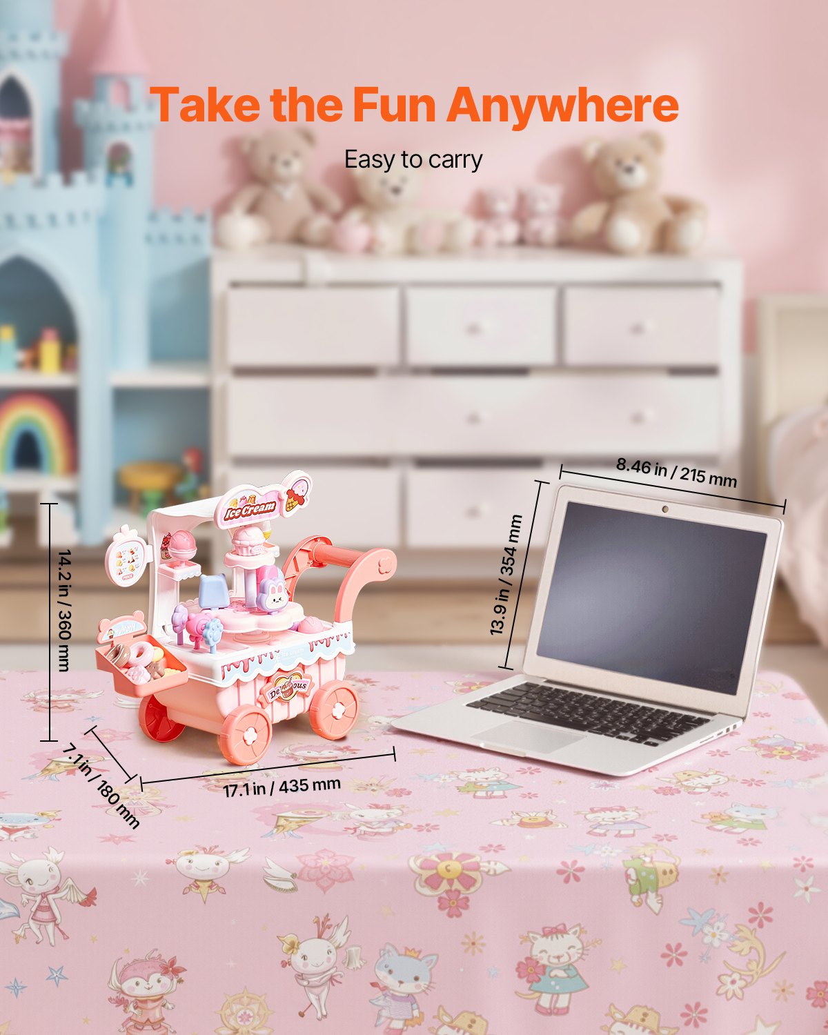 VEVOR Eiswagen, 27-teiliges Zubehör, Eisdiele aus PP, Aufbewahrungswagen mit Spielgeld, Ton- und Lichteffekten, Montessori-Lernspielzeug, Rollenspiel für Kleinkinder ab 3 Jahren (Pink)