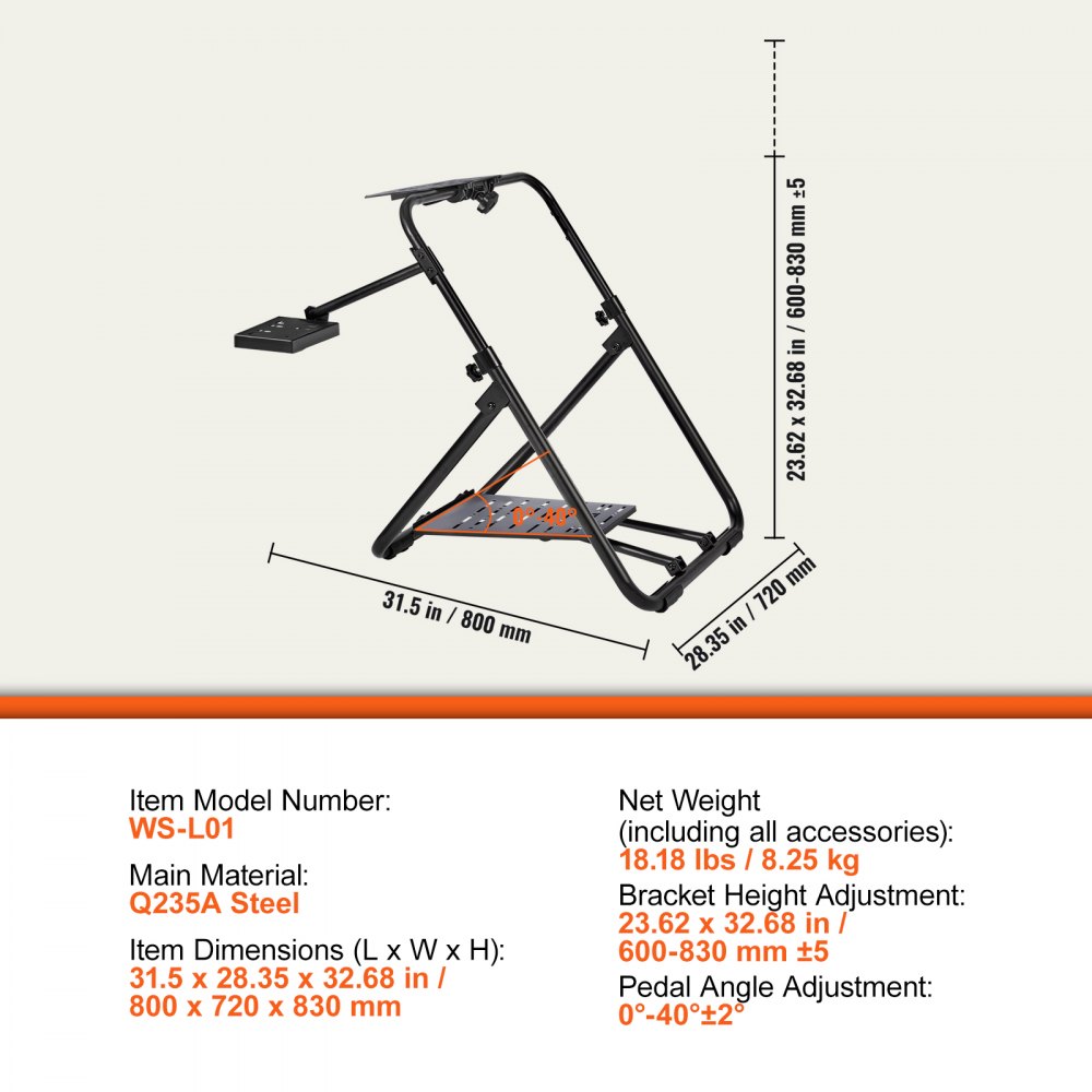 VEVOR Lenkradständer 600–830mm Gamesitz 0°-40° Spielsitz aus Stahlrahmen Rennsimulator für Rennspiele Spielsitz Rennsitz Racing Sitz für Logitech Thrustmaster Fanatec Hori und Mad Catz