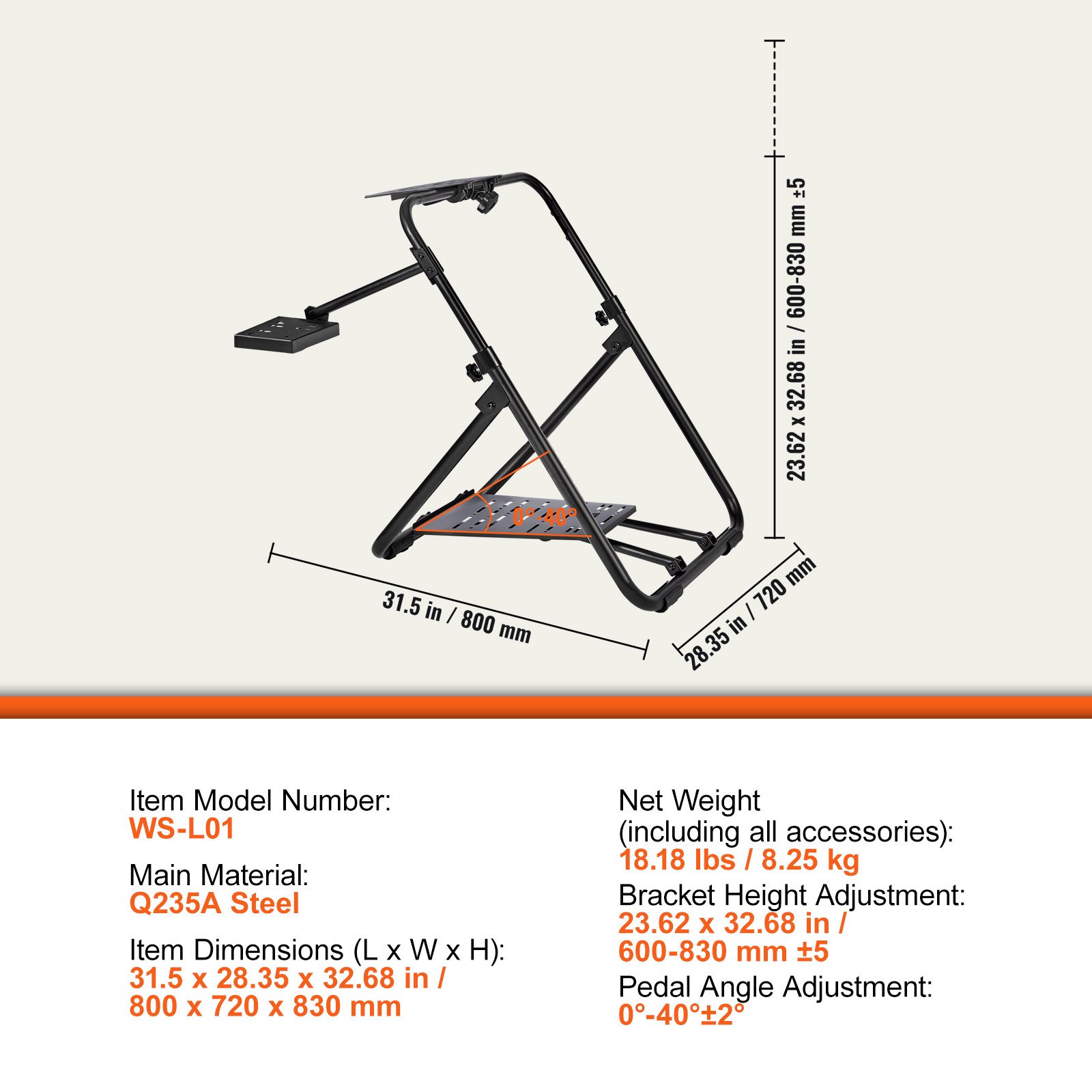 VEVOR Lenkradständer 600–830mm Gamesitz 0°-40° Spielsitz aus Stahlrahmen Rennsimulator für Rennspiele Spielsitz Rennsitz Racing Sitz für Logitech Thrustmaster Fanatec Hori und Mad Catz