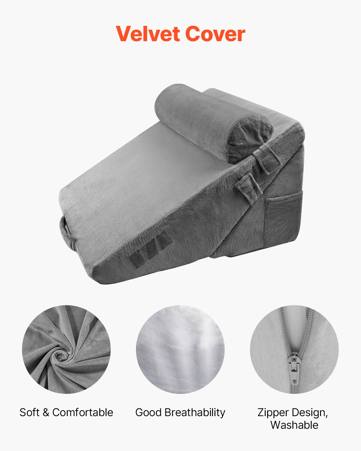 VEVOR Bed Wedge Pillow, 3-Piece Orthopedic Bed Wedge Set, with Cover & Foam Support, Post-Surgery Pillow for Acid Reflux, Back Pain, Snoring Relief & GERD, Dark Grey