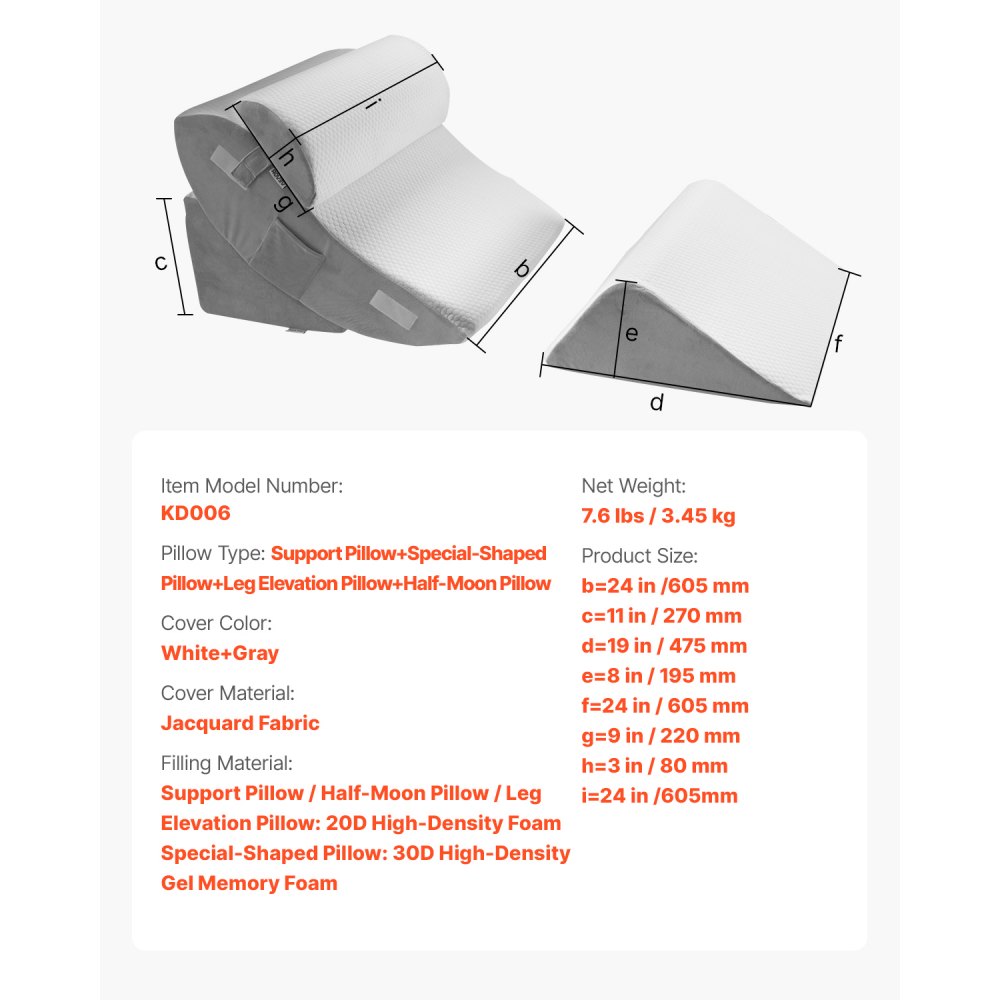 VEVOR Orthopädisches Bett Keilkissen, 4-teilig, Stütze für Beine, Nacken & Schultern, Kissen nach Operationen gegen Rückenschmerzen, Sodbrennen, Schnarchlinderung, Aufrichten im Bett, Weiß/Grau