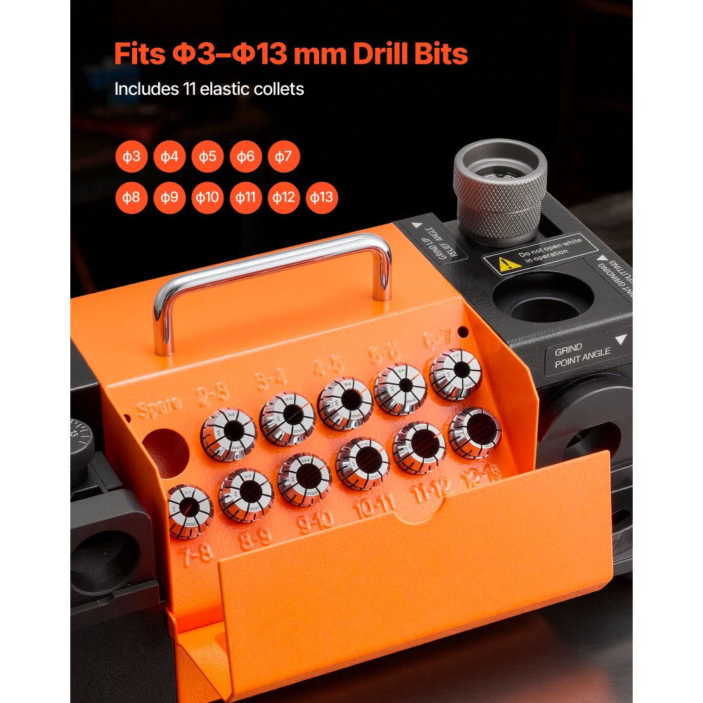 VEVOR Bohrerschleifgerät MR-13D, 3–13 mm, mit einstellbarem Freiwinkel der Schneidkante, vorderer Schneidkante & 95°–135° Spitzenwinkel, 4600 U/min, inkl. 11 Spannzangen & CBN-Schleifscheibe