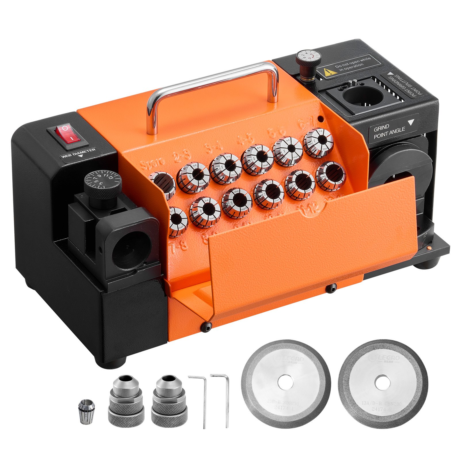 VEVOR Bohrerschleifgerät MR-13B, 3-15 mm, mit einstellbarem Lippenfreiwinkel & 95°-135° Spitzenwinkel, 4600 U/min 120-W-Schärfgerät mit 13 Spannzangen, CBN- & SDC-Schleifscheiben