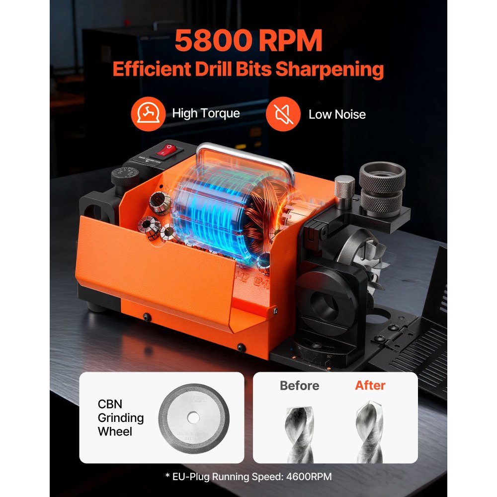 VEVOR Bohrerschleifgerät MR-13A, 3-15 mm, mit 95°-135° einstellbarem Spitzenwinkel, 4600 U/min Hochgeschwindigkeits-Nachschärfmaschine mit 13 Spannzangen & CBN-Schleifscheibe für Werkstätten & Garagen