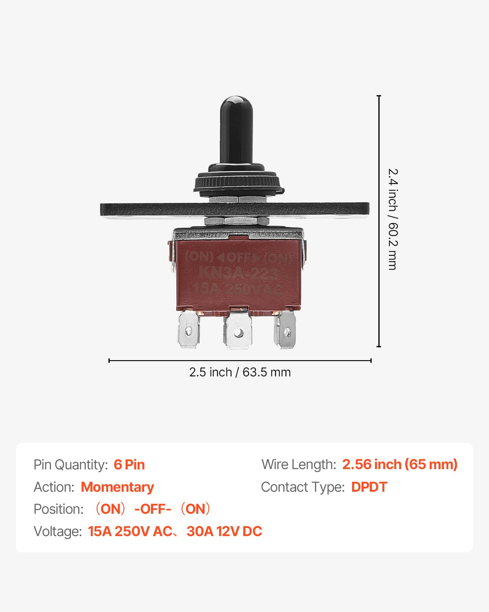 VEVOR Wippschalter, 6-poliger Kippschalter mit Polaritätsumkehr (EIN)-Aus-(EIN) DC 12 V/30 A AC 250 V/15 A – mit Auf-Ab-Montageplatte und wasserdichter Kofferraumkappe für Auto, Auto, Boot