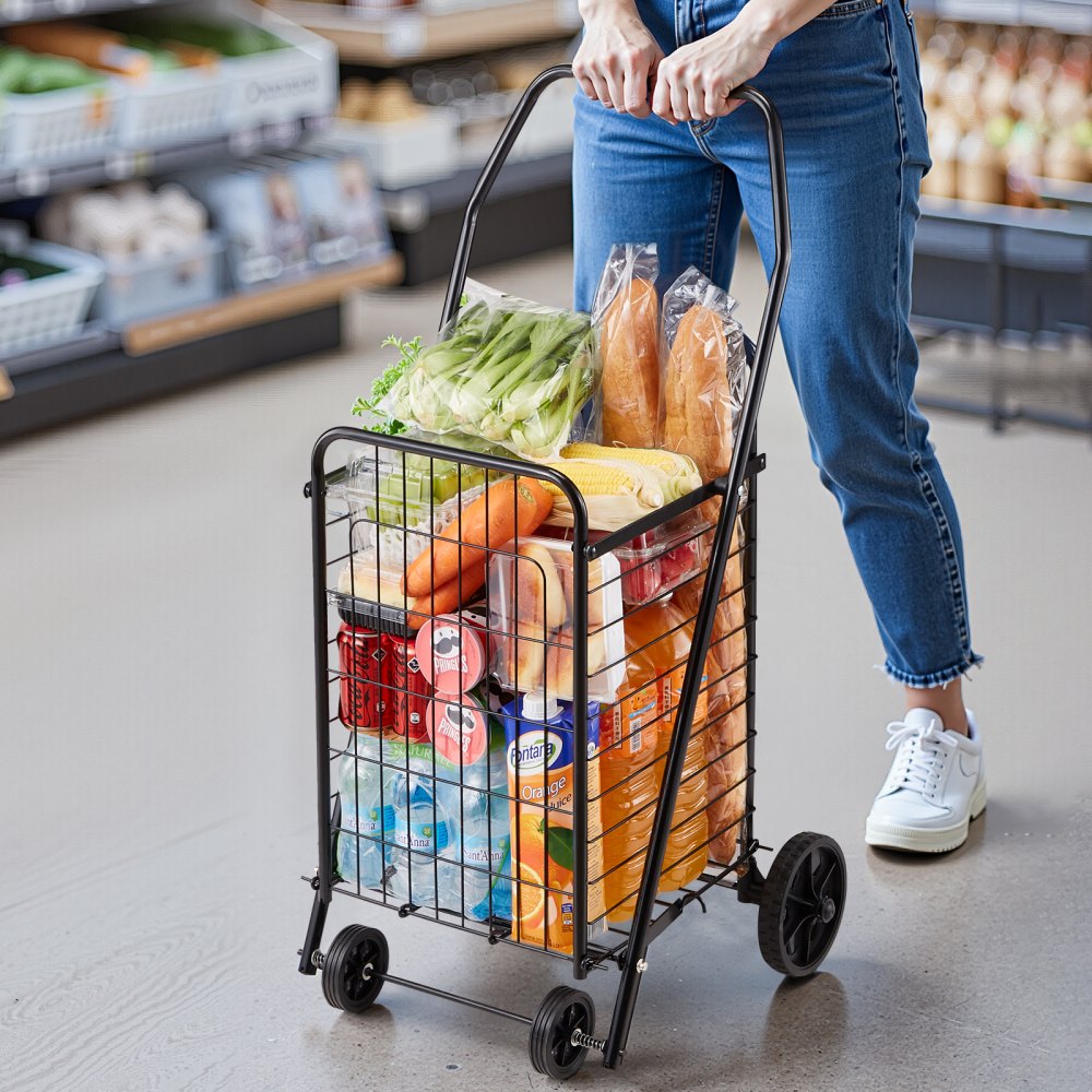 VEVOR Einkaufswagen zusammenklappbarer Einkaufstrolley mit Schwenkrädern & 40,8 kg großer Tragkraft, 39 L Einkaufsroller Wäschewagen für Wäsche Einkaufen Camping Lebensmittel Gepäck Schwarz