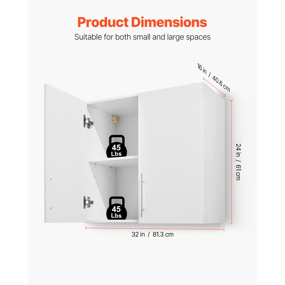 VEVOR Laundry Room Wall Cabinet, 2-Tier Wall Mounted Hanging Cabinet with Adjustable Shelf, Cupboard Storage with 2 Doors, for Bathroom, Kitchen, Laundry, 40.6 x 81.3 x 61 cm (D x W x H), White