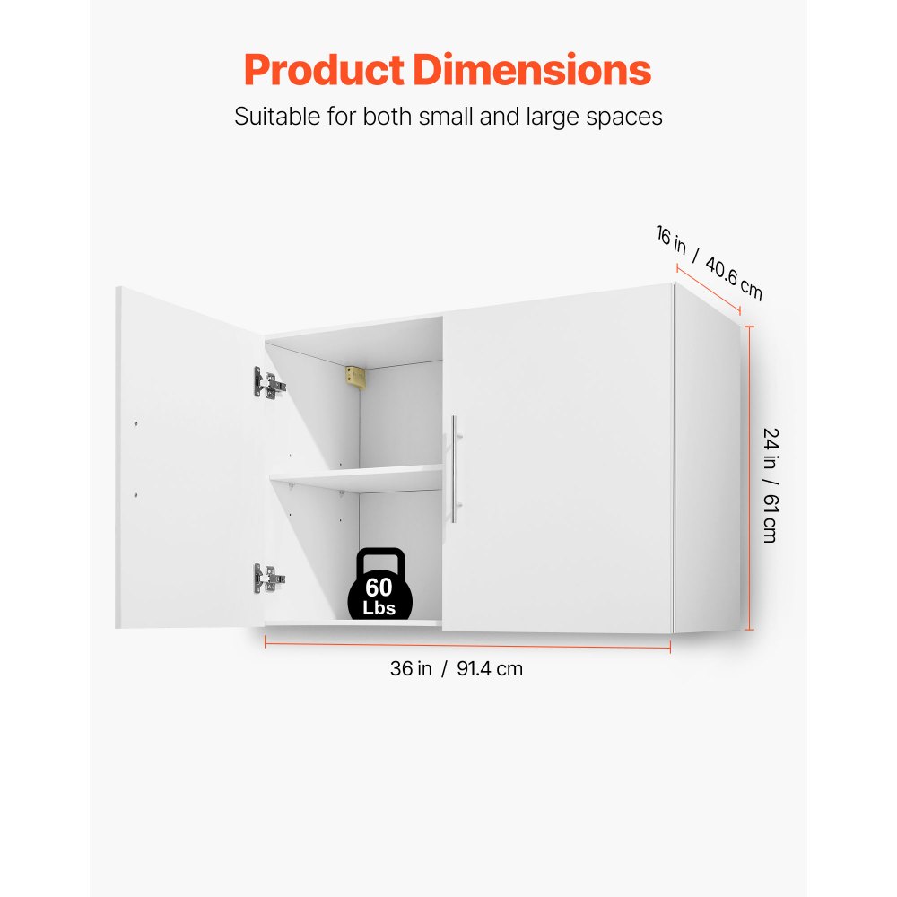 VEVOR Wandschrank für Waschküche, 2-stöckiger Wandhängeschrank mit verstellbarer Ablage, Küchenschrank mit 2 Türen, für Küche Bad Wäscherei, 40,6 x 91,4 x 61 cm (T x B x H), Oberschrank Weiß