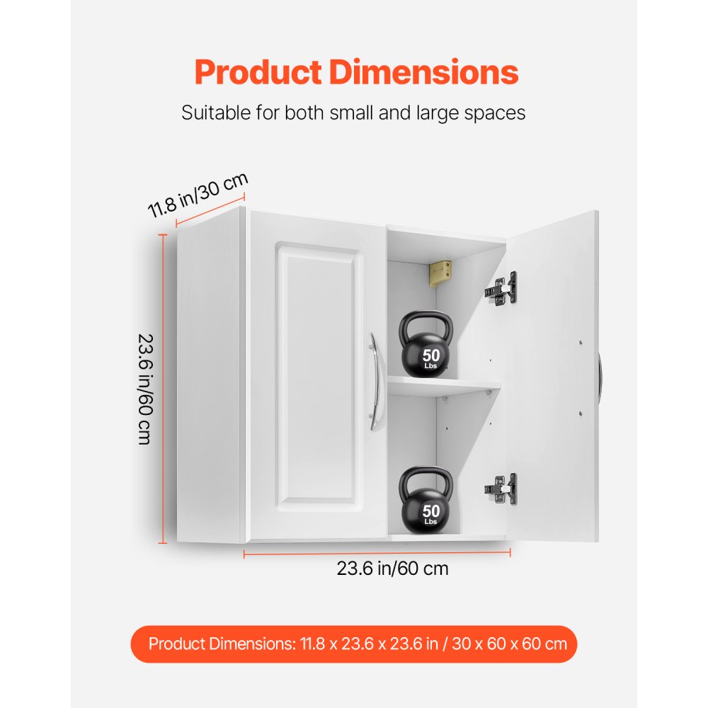 VEVOR Wandschrank für Waschküche Wandschrank, 2-stöckiger Wandhängeschrank (T x B x H / 30 x 60 x 60 cm) mit 2 Türen, Schrank-Organizer mit verstellbarem Regal, für Küche Garage Wäscherei weiß